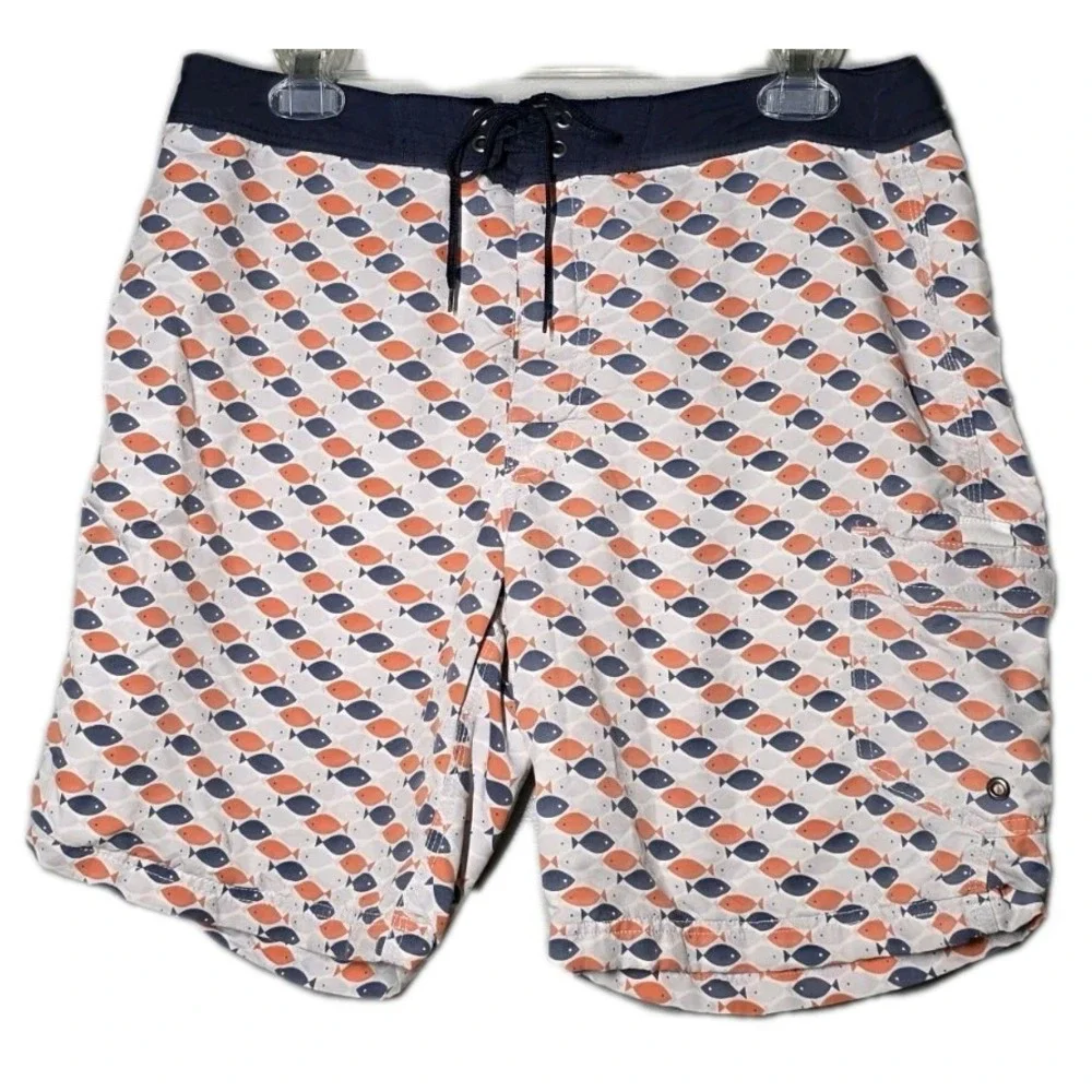 J Crew Nylon Swim Trunks Men 32 Geometric Allover Fish Pattern Multicolor Mesh